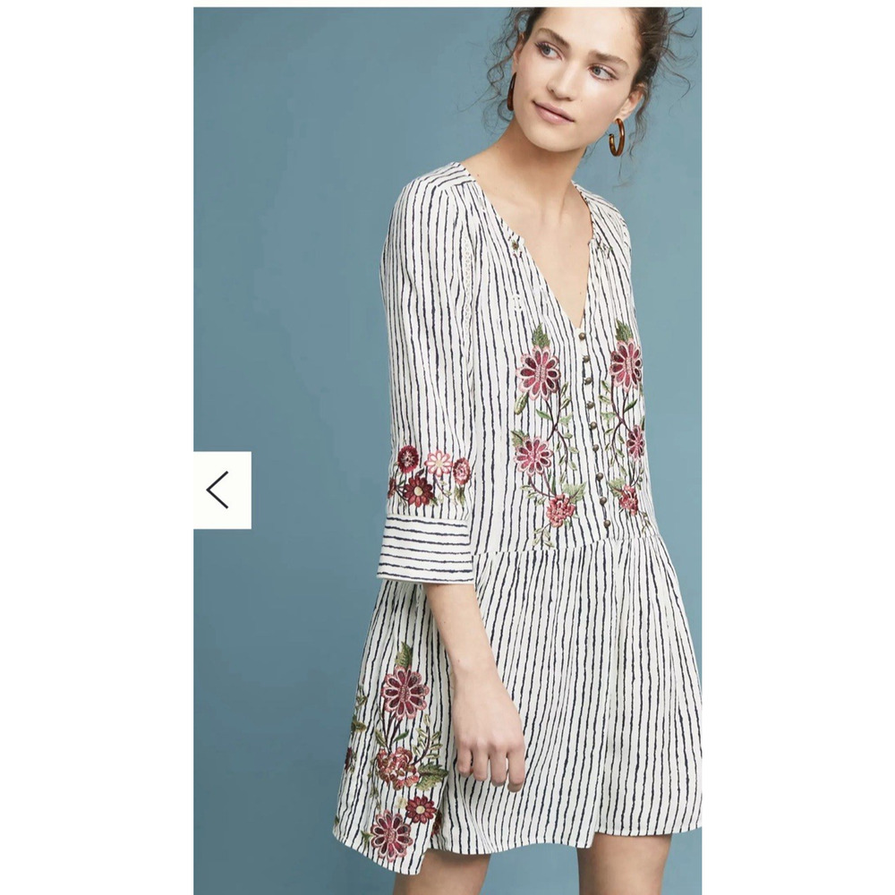 Anthropologie Embroidered Drop Waist Dress L Black Stripe Red Pansies Crochet